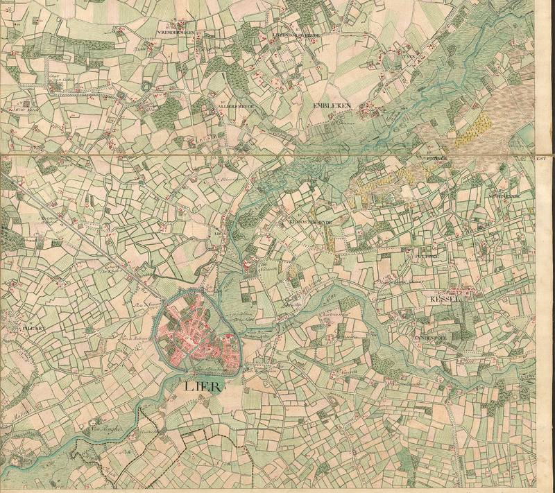 Handgetekende kaart van Lier en omgeving: de ommuurde stad aan de Nete, met Kessel, Emblem, Broechem en Ranst errond.